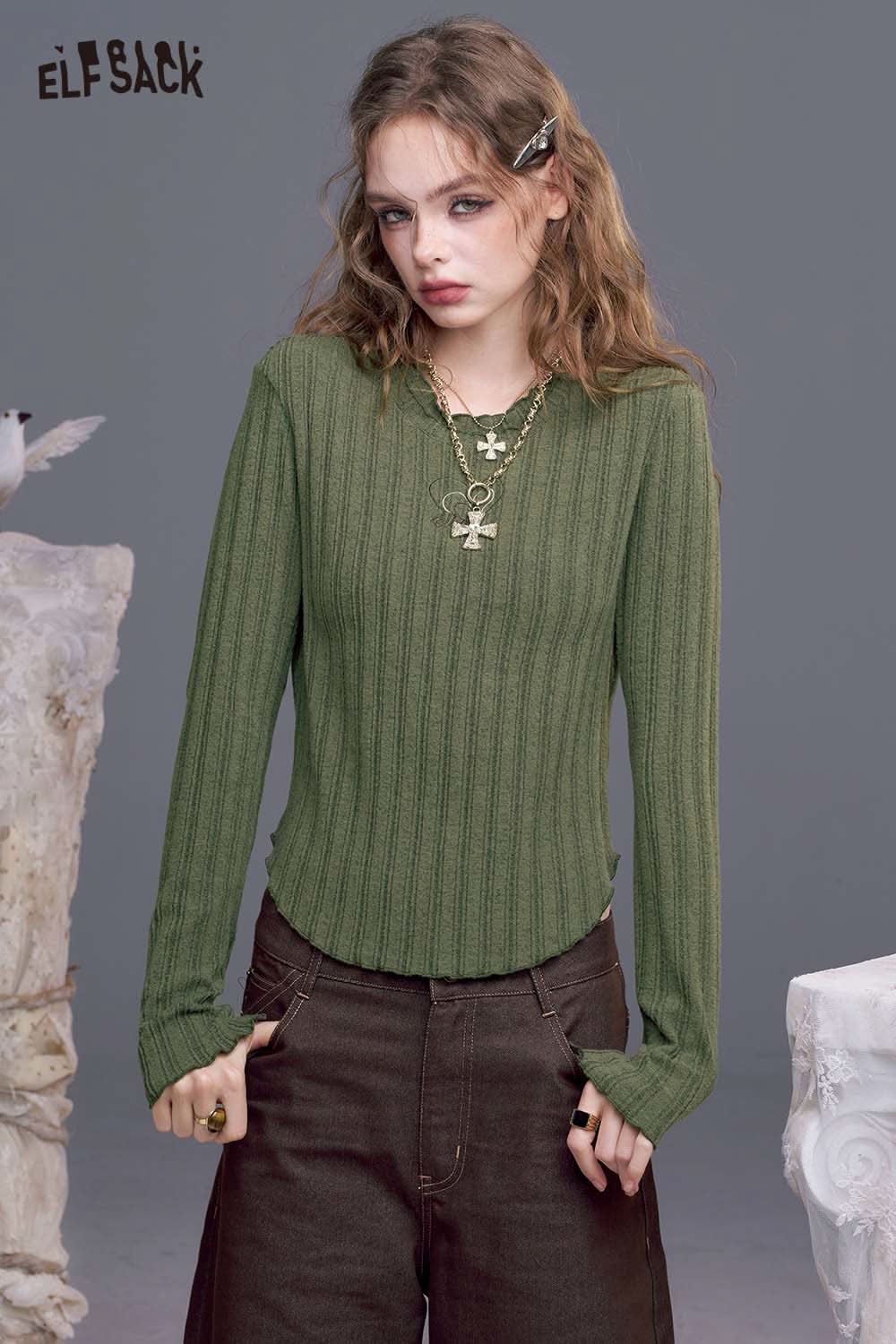ELFSACK women's stretch knit top in green ribbed design, perfect for casual outfits