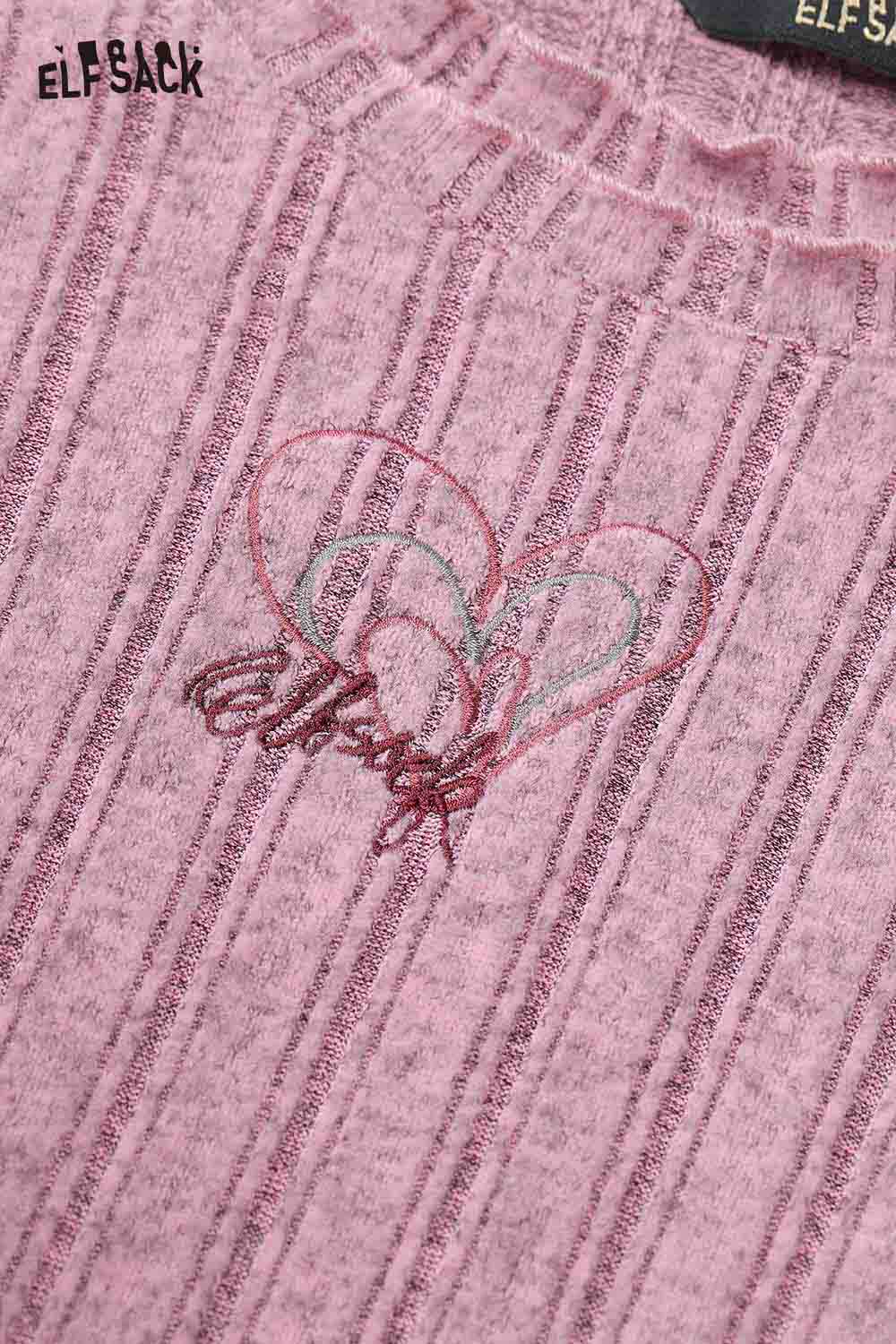 ELFSACK women's stretch knit top in pink with textured ribbed design and heart embroidery detail