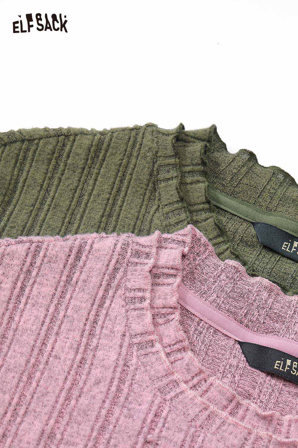 ELFSACK women's stretch knit top in green and pink with a ribbed design for comfortable wear
