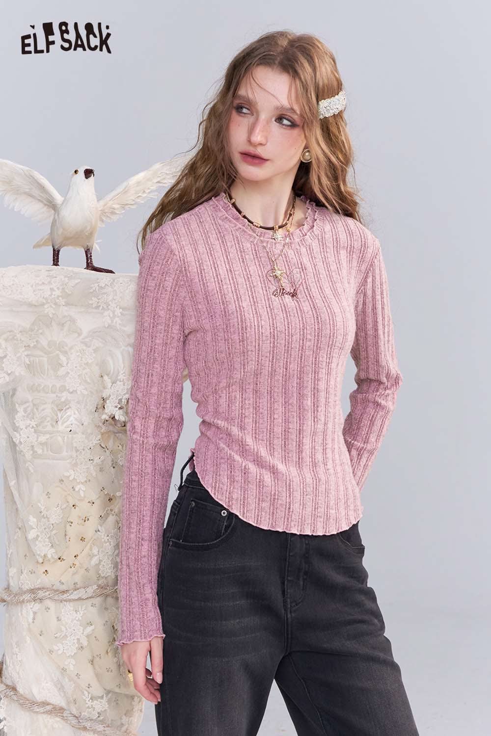ELFSACK women's stretch knit top in soft pink with ribbed texture and long sleeves for casual wear