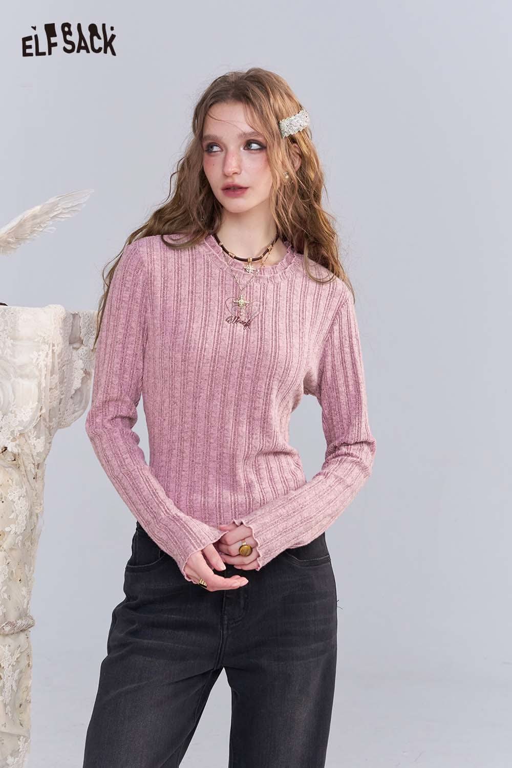 ELFSACK women's stretch knit top in pink with ribbed texture and long sleeves for casual wear