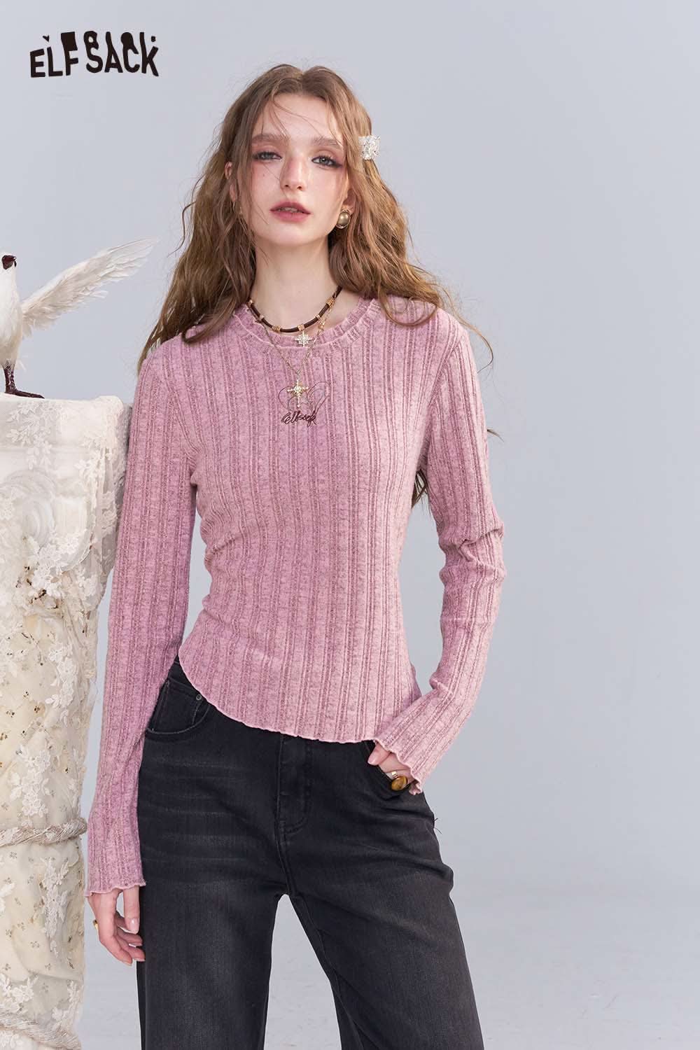 ELFSACK women's stretch knit top in pink with ribbed texture and long sleeves for a trendy look