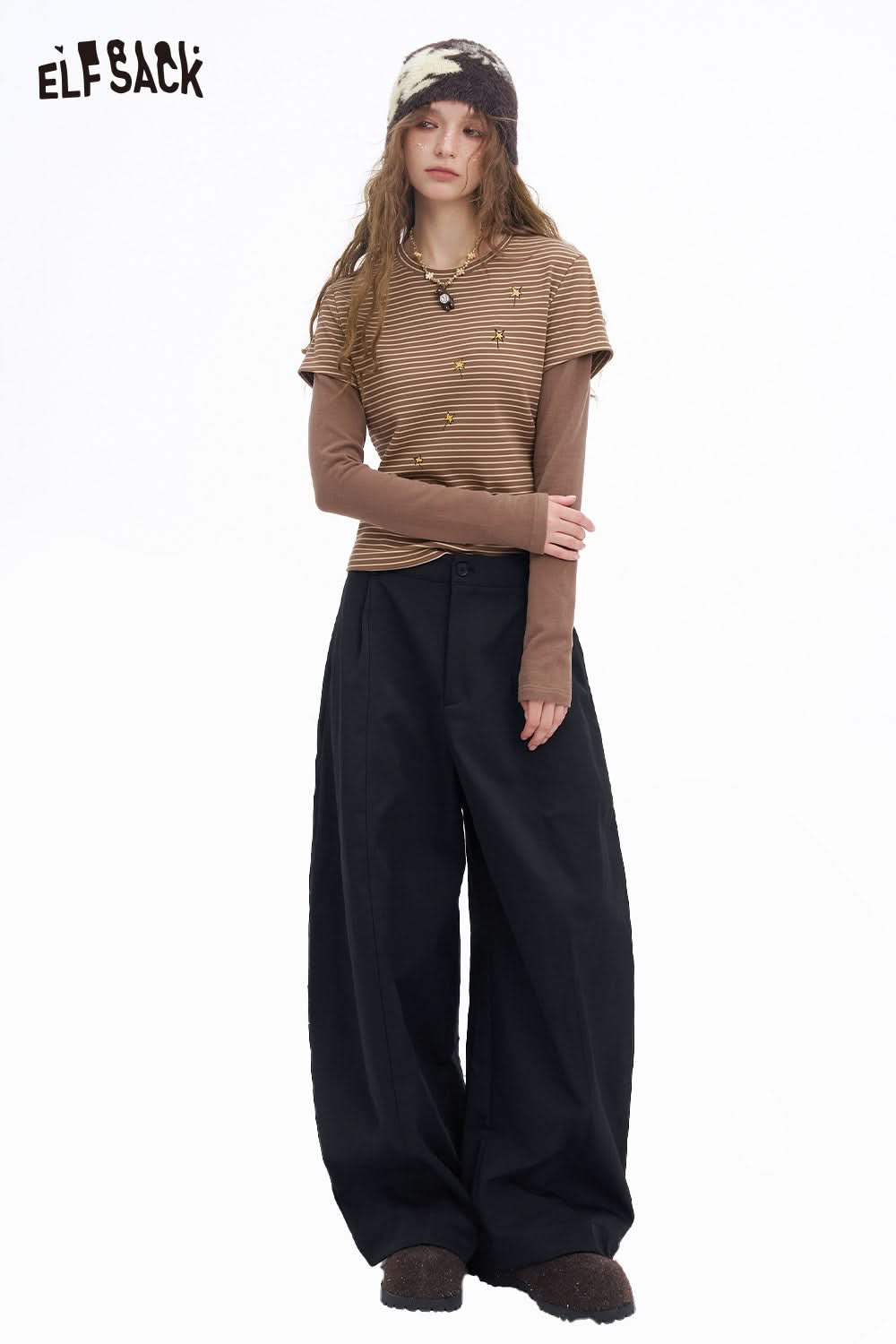 ELFSACK women's wide leg floor length pants in black, paired with a striped top and brown layers