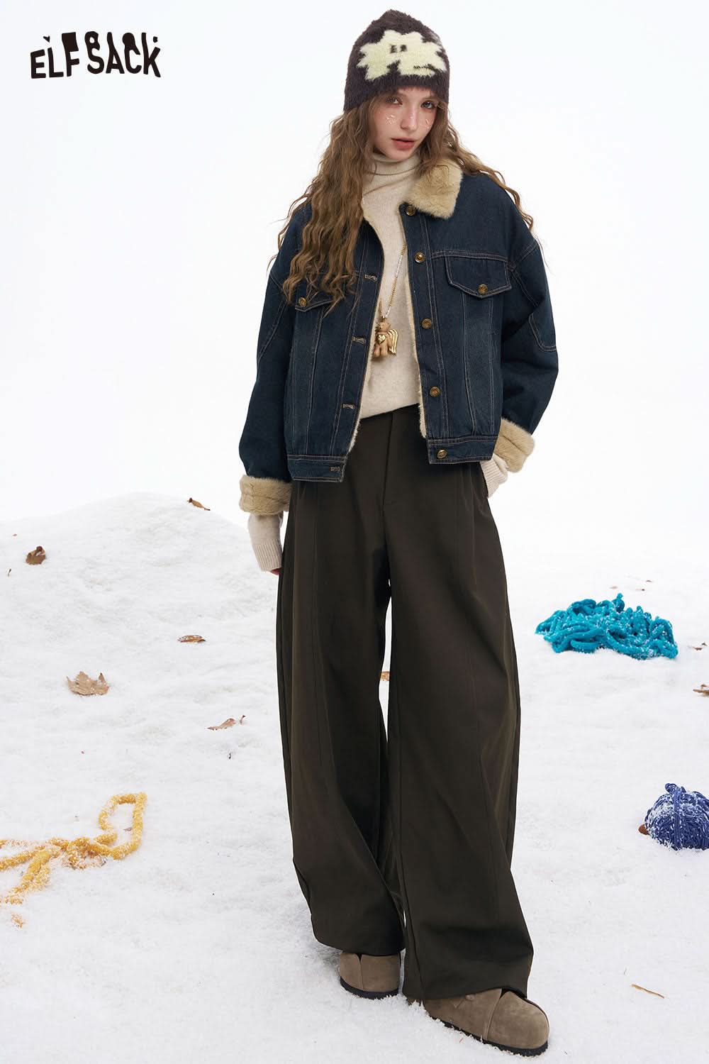 ELFSACK women's wide leg floor length pants in olive green styled with a denim jacket and winter accessories