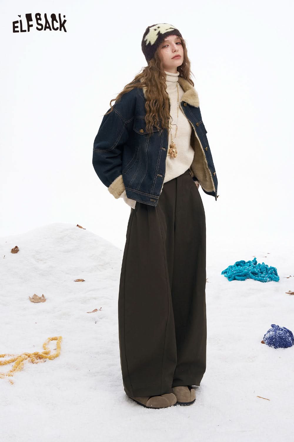 ELFSACK women's wide leg floor length pants styled with a denim jacket and cozy sweater