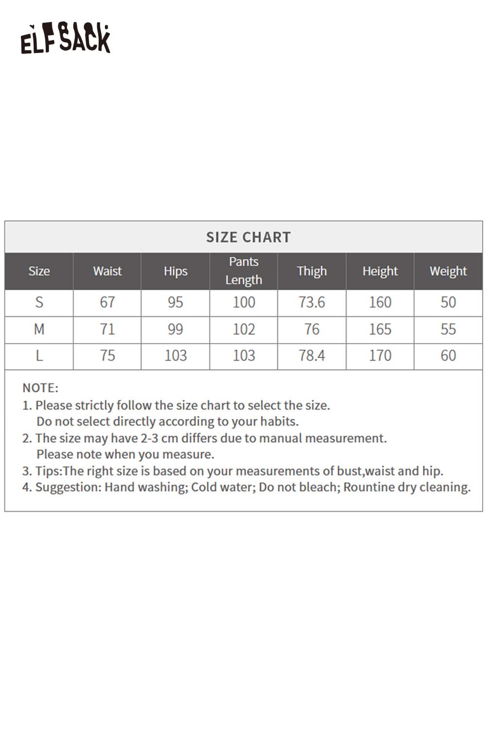 Size chart for ELFSACK women's wide leg floor length pants with measurements for waist, hips, and length