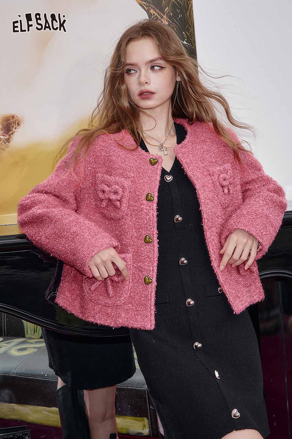 ELFSACK wool blend bow detail coat in pink with decorative bow pockets and button closure