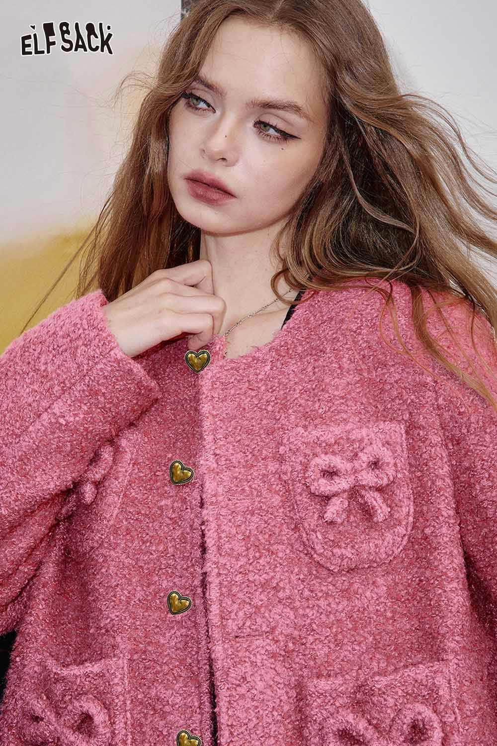 ELFSACK wool blend bow detail coat in pink with heart-shaped buttons and bow pockets
