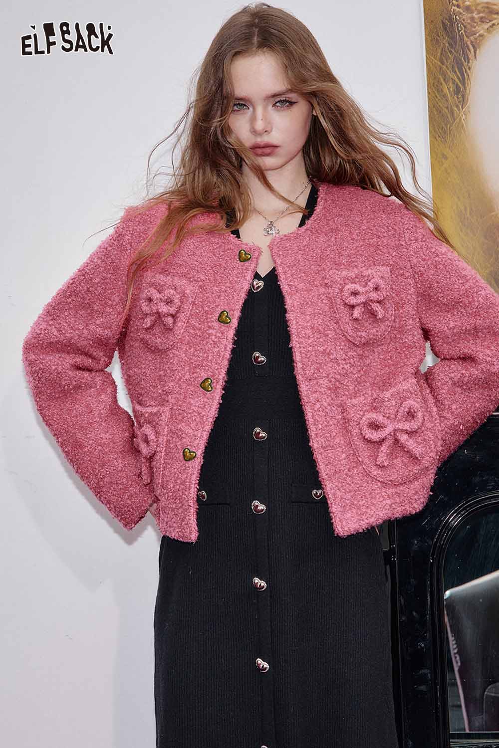 ELFSACK wool blend bow detail coat in pink with heart buttons and bow pockets for stylish warmth