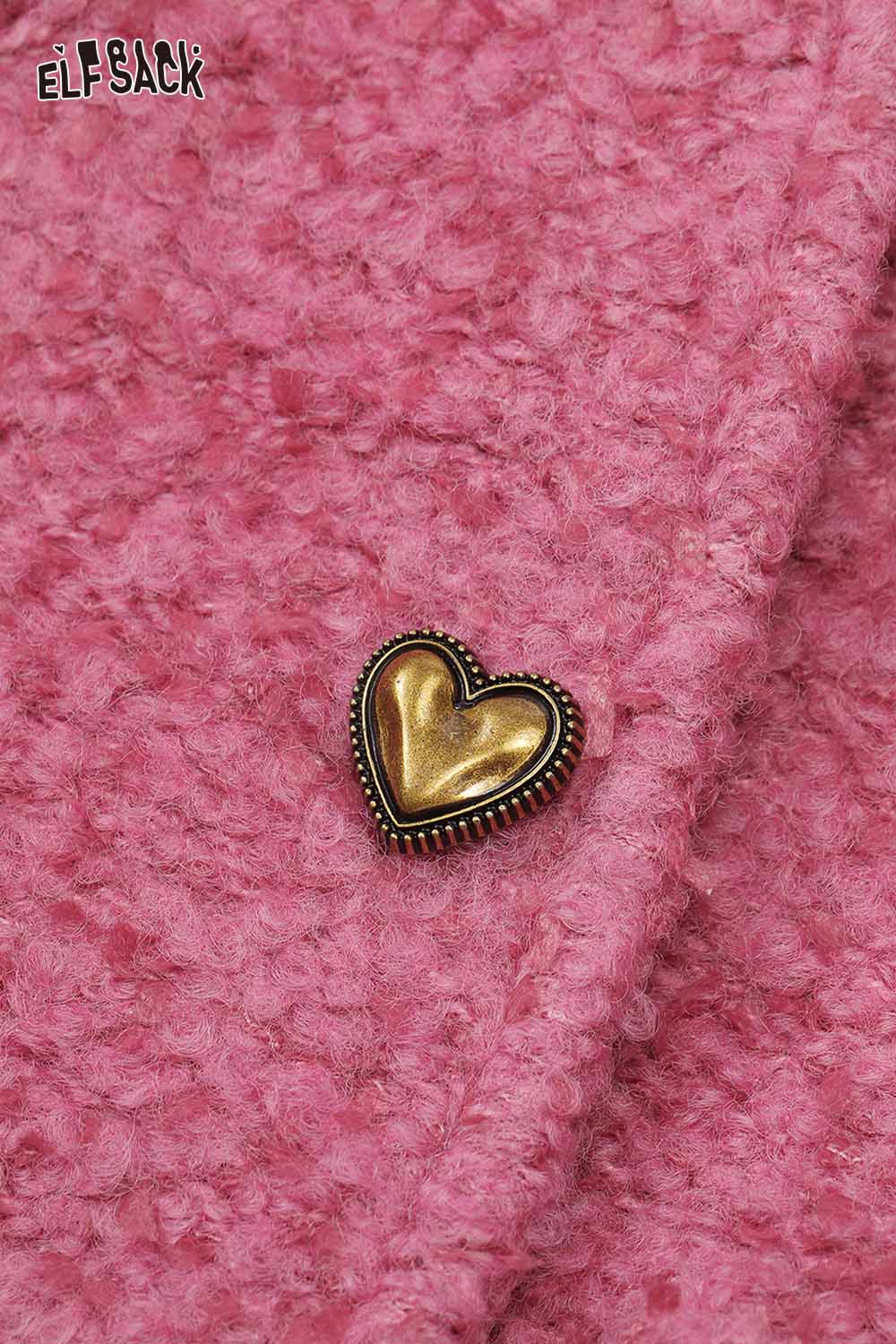 ELFSACK wool blend bow detail coat in soft pink fabric with a heart-shaped gold button accent