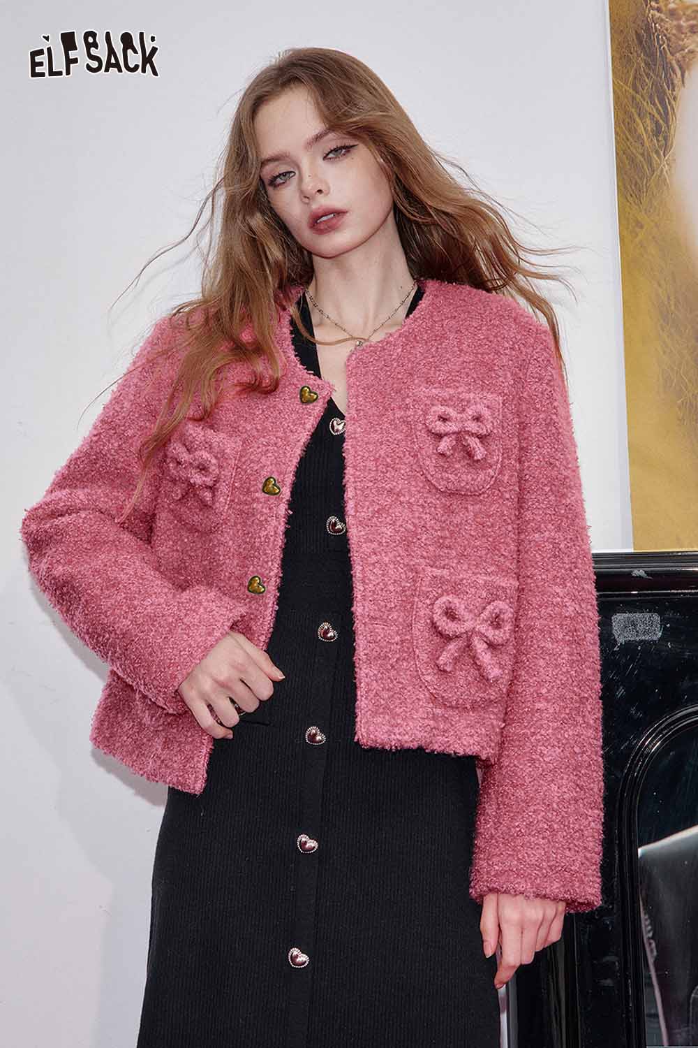 ELFSACK wool blend bow detail coat in pink featuring decorative bows and a cropped design