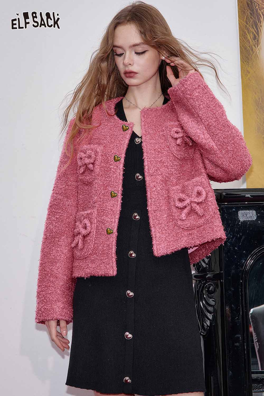 ELFSACK wool blend bow detail coat in pink with bow accents and a cozy texture