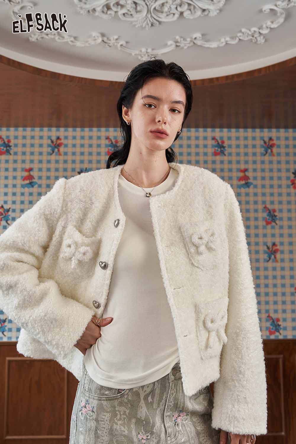 ELFSACK wool blend bow detail coat in cream color with textured fabric and bow accents