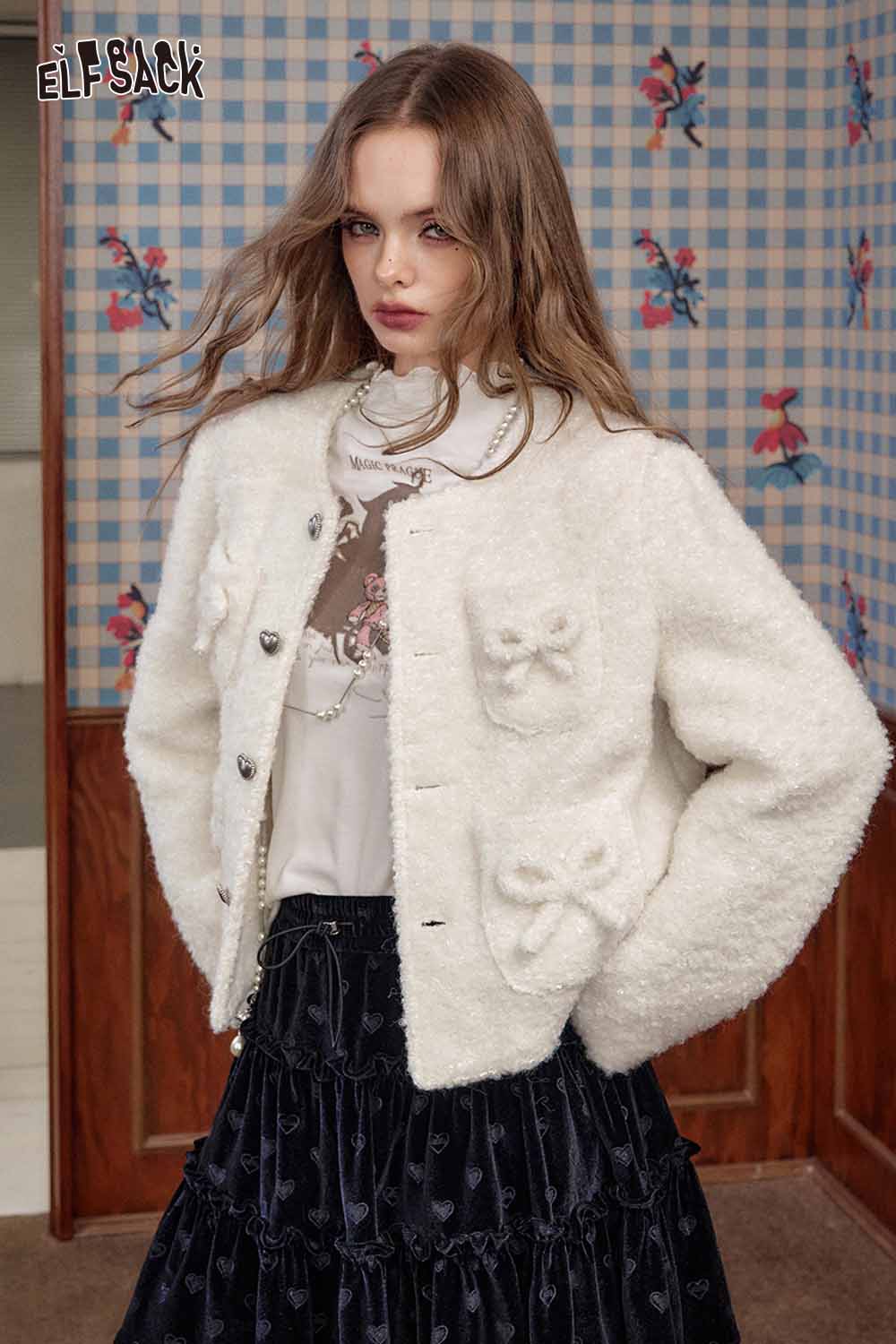 ELFSACK wool blend bow detail coat in white with textured fabric and bow embellishments