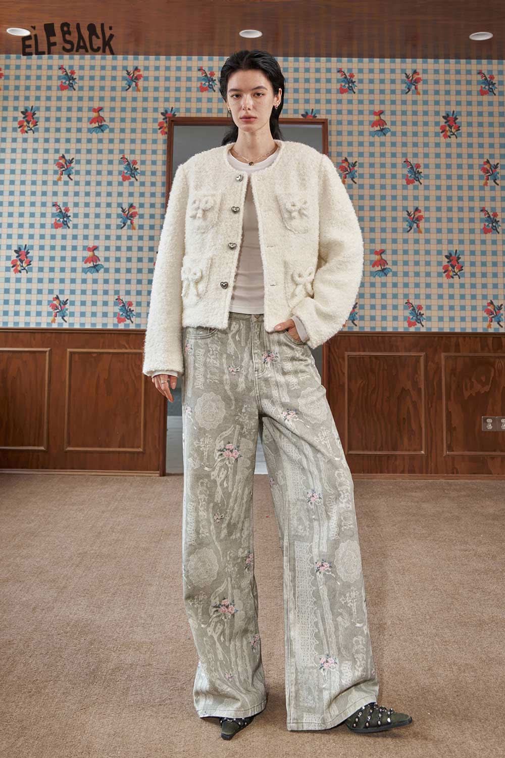 ELFSACK wool blend bow detail coat paired with stylish wide-leg pants for a chic look