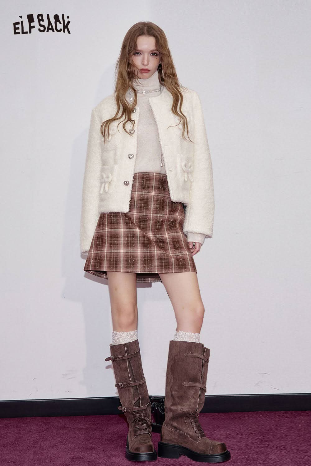 ELFSACK wool blend bow detail coat paired with a plaid skirt and knee-high boots for a chic look