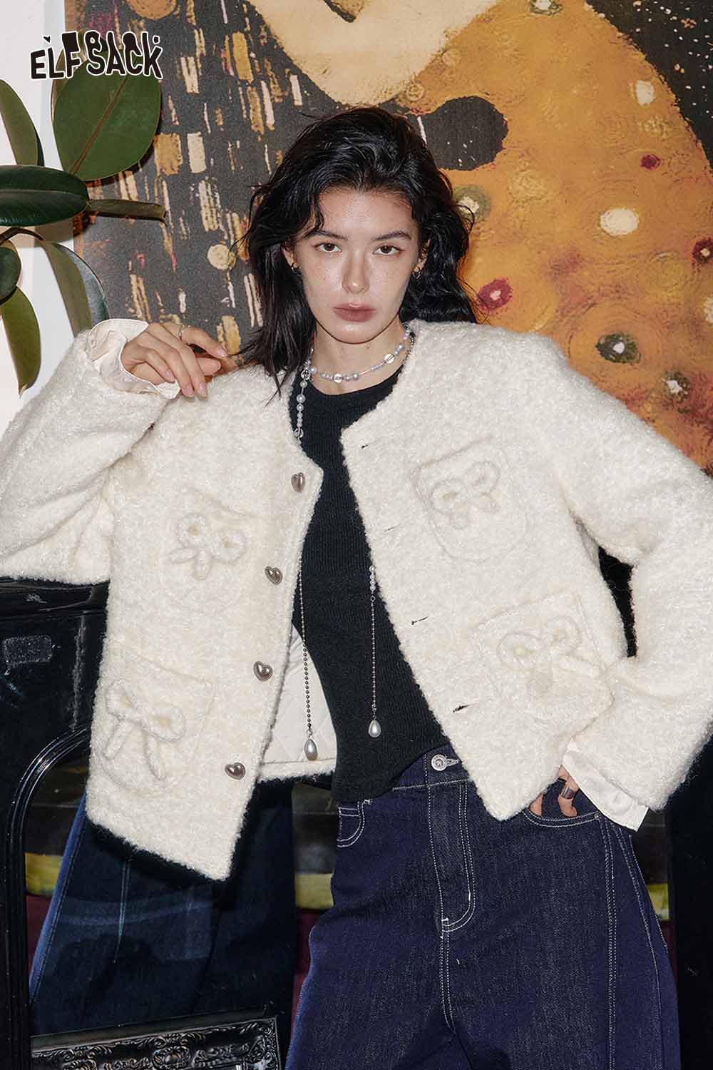 ELFSACK wool blend bow detail coat in cream with decorative bow patterns and button closure