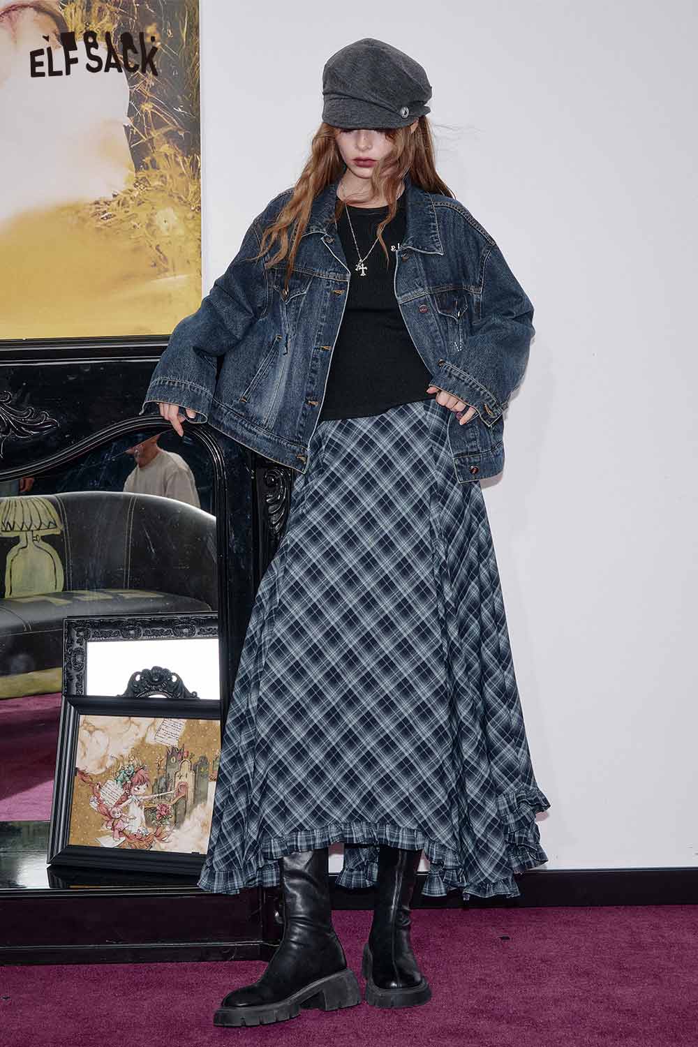 ELFSACK wool blend checkered skirt styled with a denim jacket and black boots for a trendy look