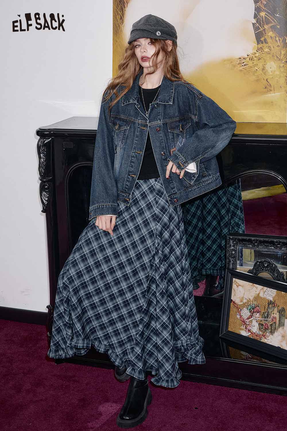 ELFSACK wool blend checkered skirt in blue with flowing design and styled with a denim jacket