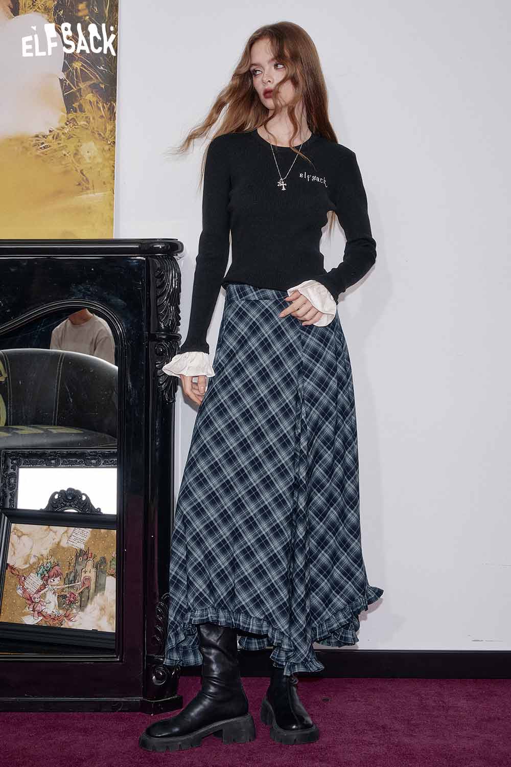 ELFSACK wool blend checkered skirt with ruffled hem and stylish long silhouette