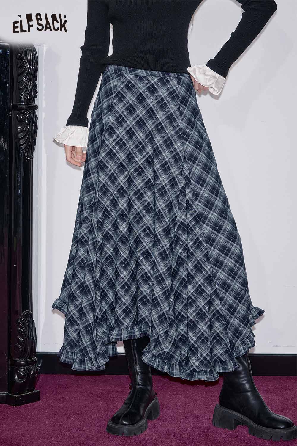 ELFSACK wool blend checkered skirt with a flowing design and ruffled hem for a stylish look