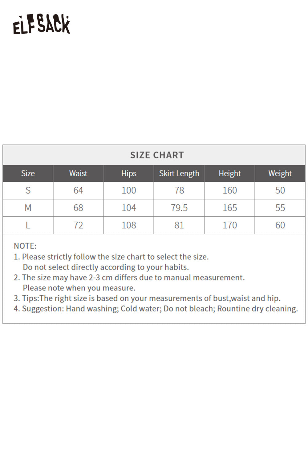 ELFSACK wool blend checkered skirt size chart with measurements for waist and hips
