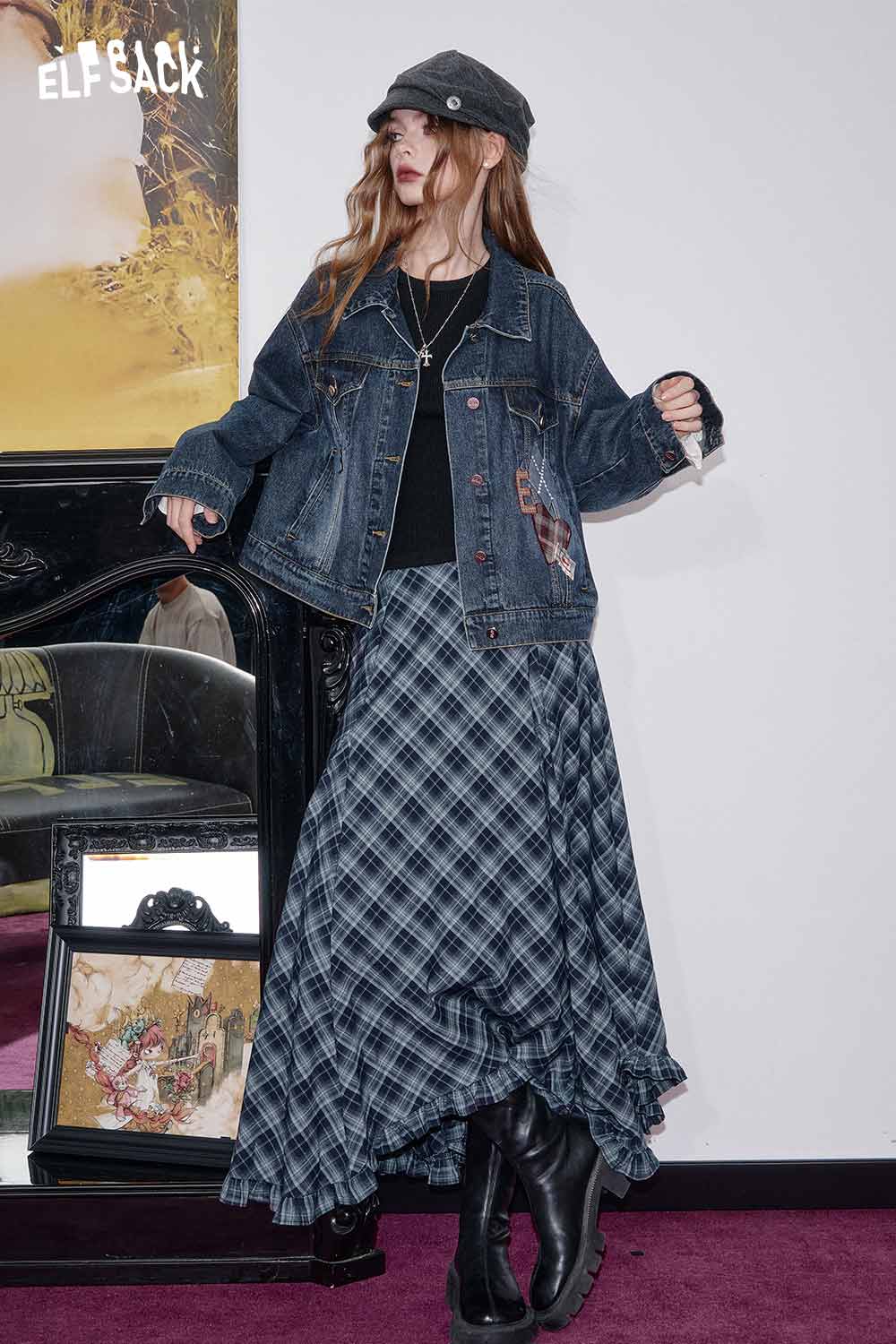 ELFSACK wool blend checkered skirt with a ruffled hem styled with a denim jacket and black boots