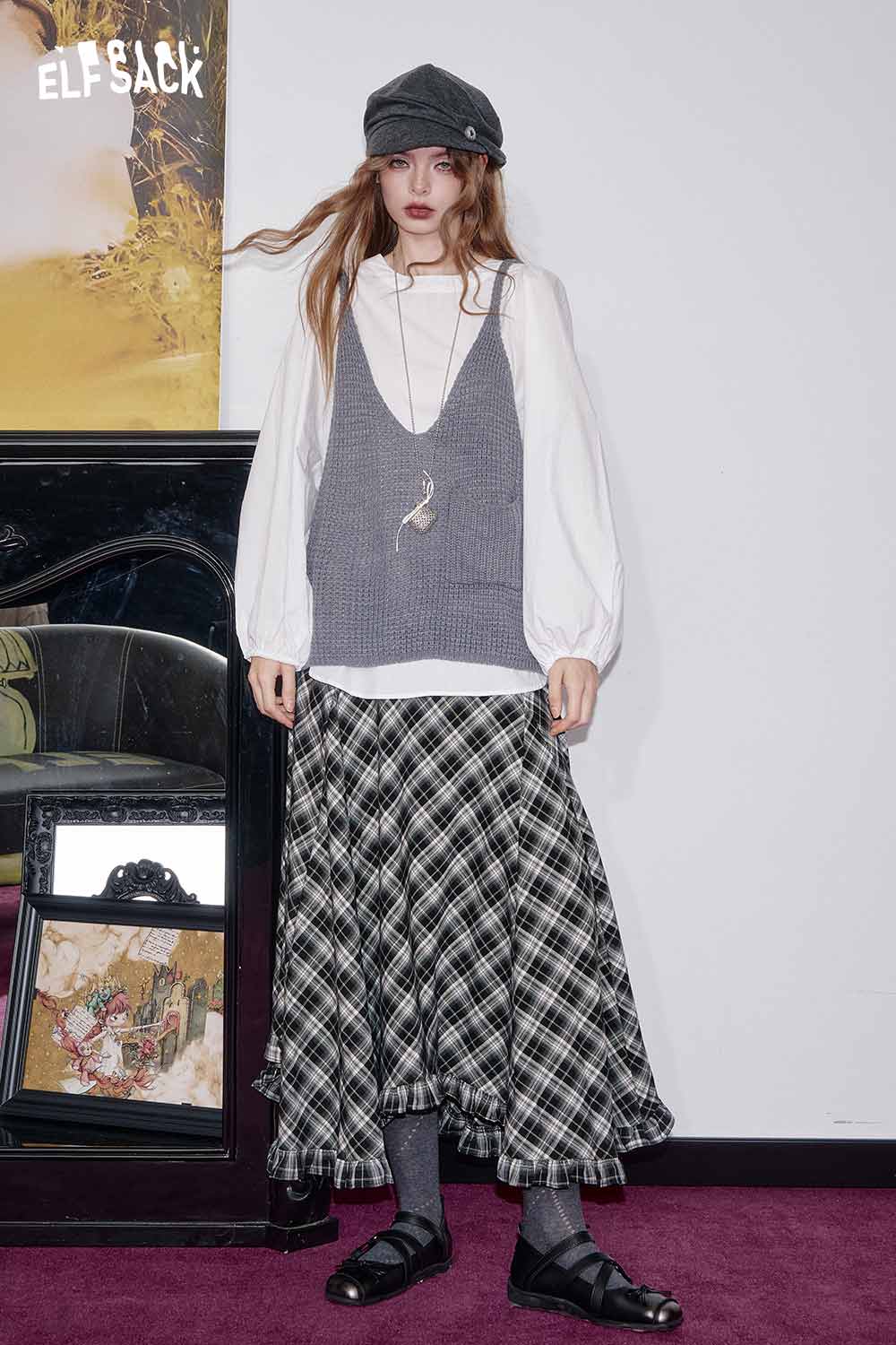 ELFSACK wool blend checkered skirt with ruffled hem styled with a grey sweater and accessories