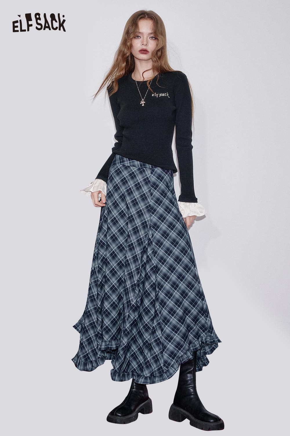ELFSACK wool blend checkered skirt in blue and gray with ruffled hem and stylish fit