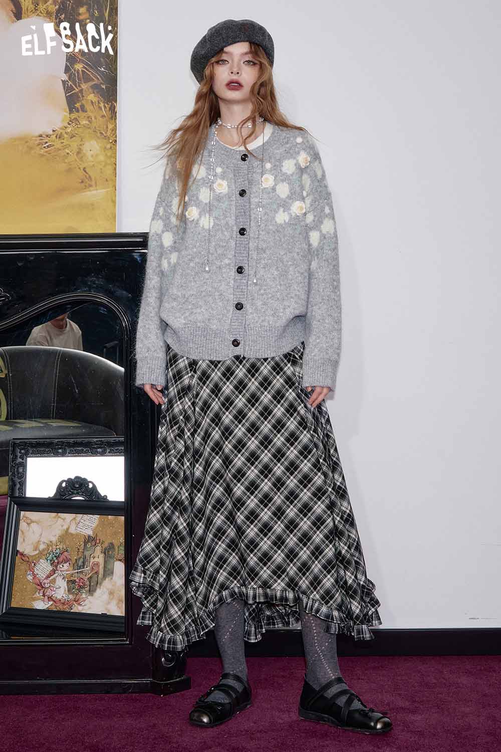 ELFSACK wool blend checkered skirt with ruffled hem styled with a cozy gray cardigan