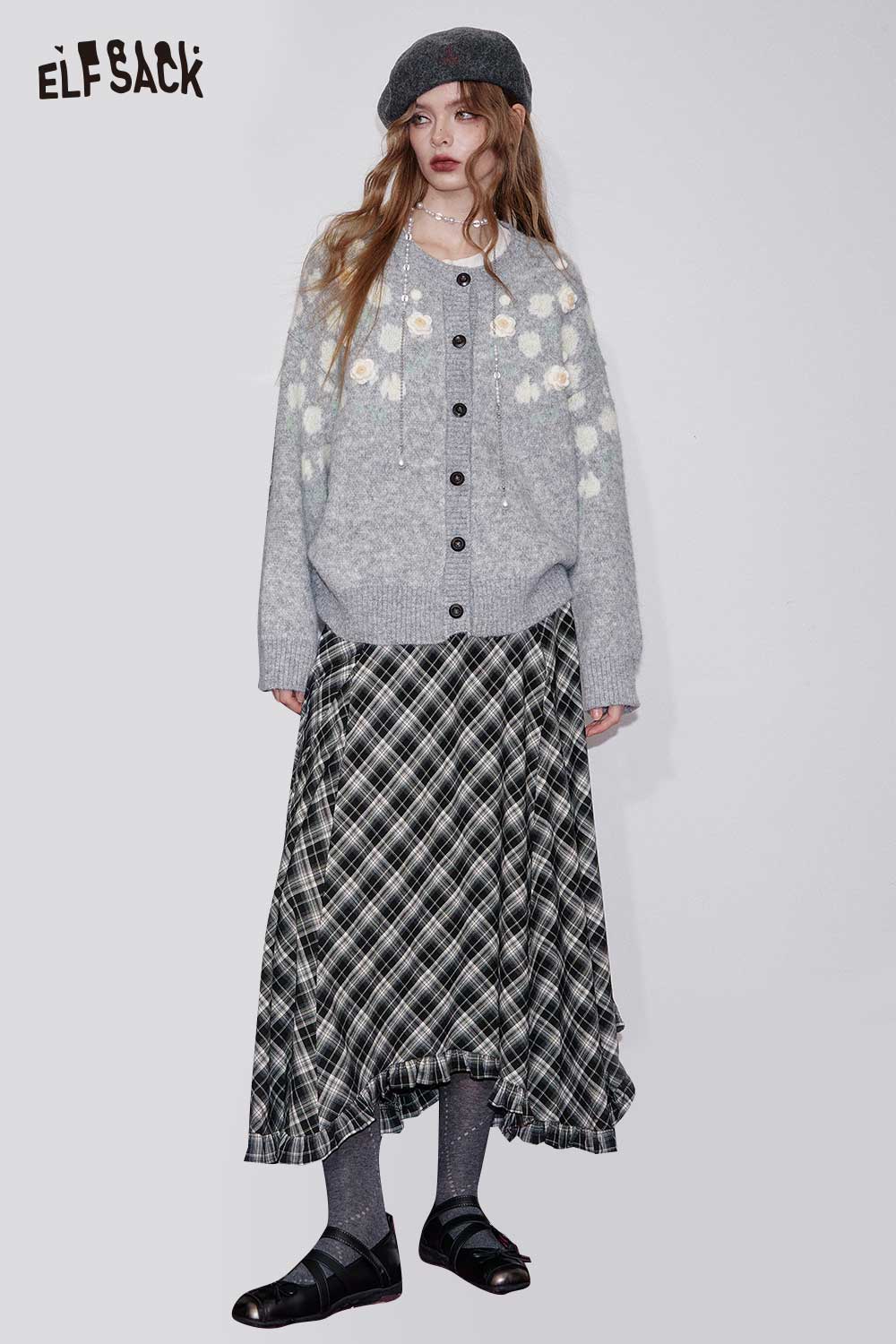 ELFSACK wool blend checkered skirt paired with a cozy floral cardigan and hat for a stylish look