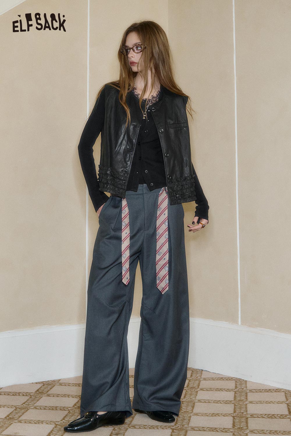 ELFSACK Wool Blend Lace Knit Top styled with fashionable black leather vest and wide trousers
