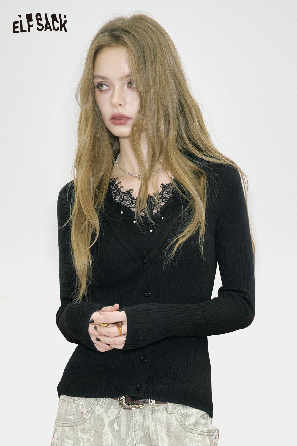 ELFSACK black wool blend lace knit top with delicate lace detailing and button closure