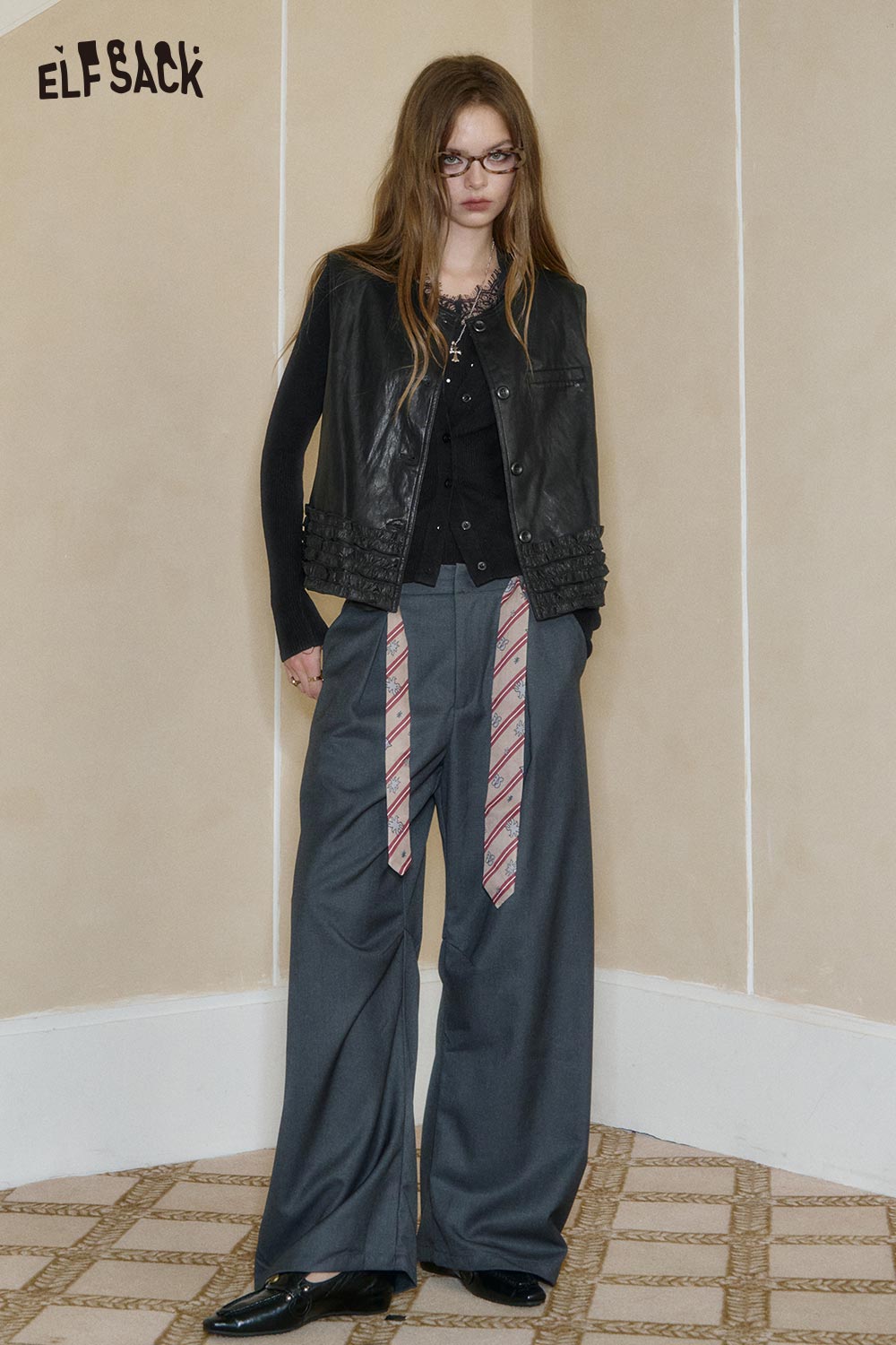 ELFSACK wool blend lace knit top styled with a leather vest and wide-leg trousers for a trendy outfit