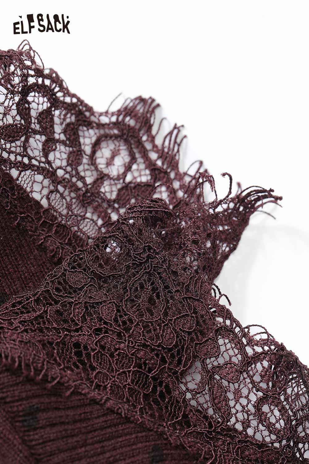 ELFSACK wool blend lace knit top featuring elegant lace detailing in a deep burgundy color