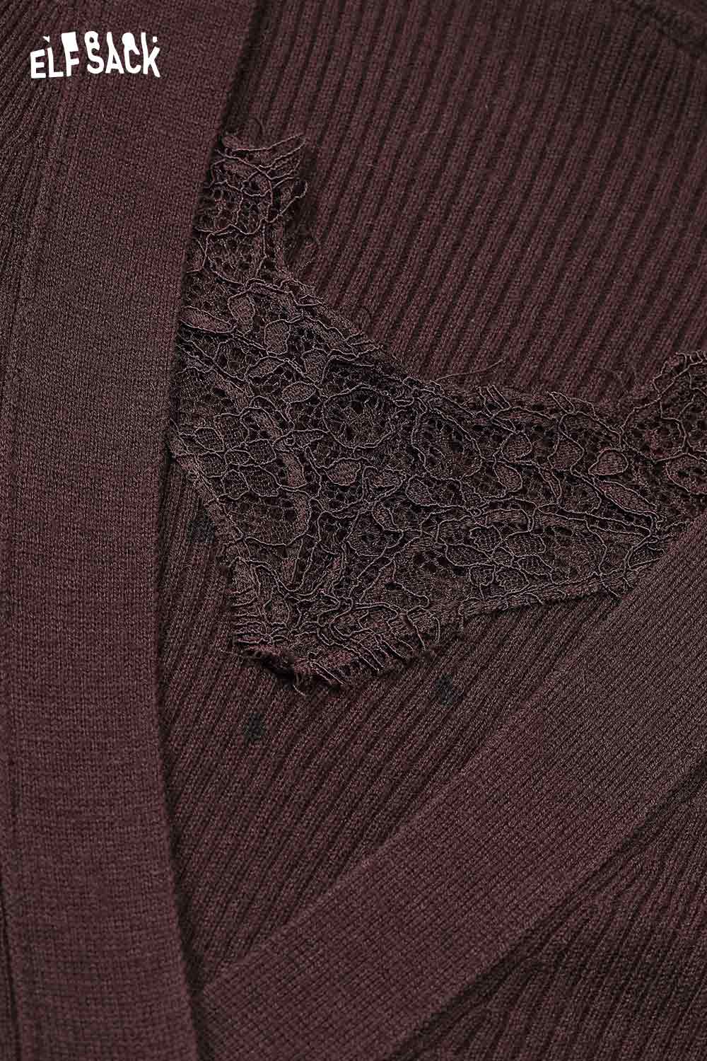ELFSACK wool blend lace knit top featuring elegant lace detail on rich brown fabric