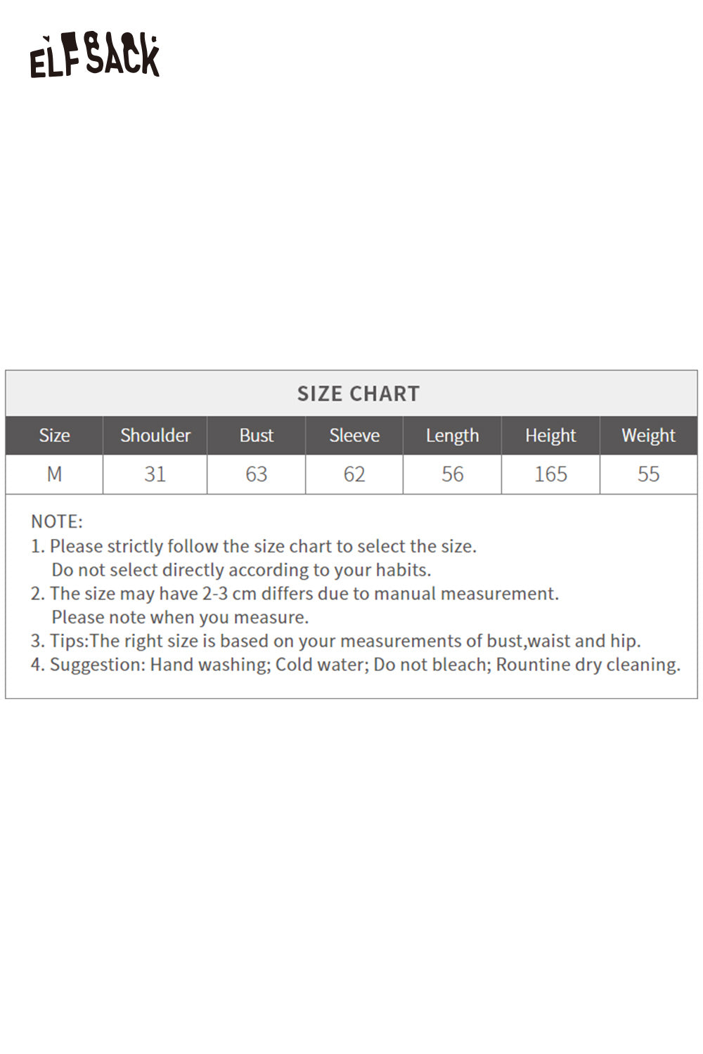 ELFSACK Size Chart for Wool Blend Lace Knit Top with Measurements for M Size