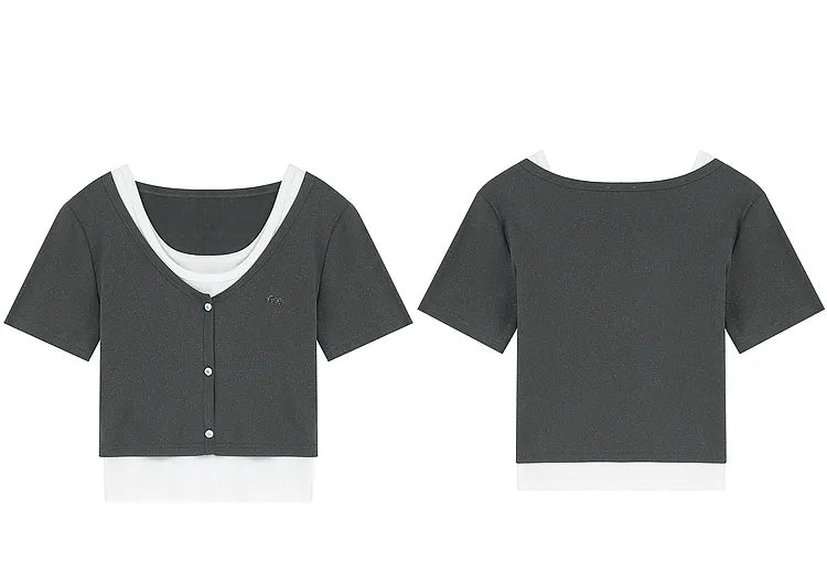 ELFSACK Y2K Layered black and white short sleeve buttoned T-shirt front and back view