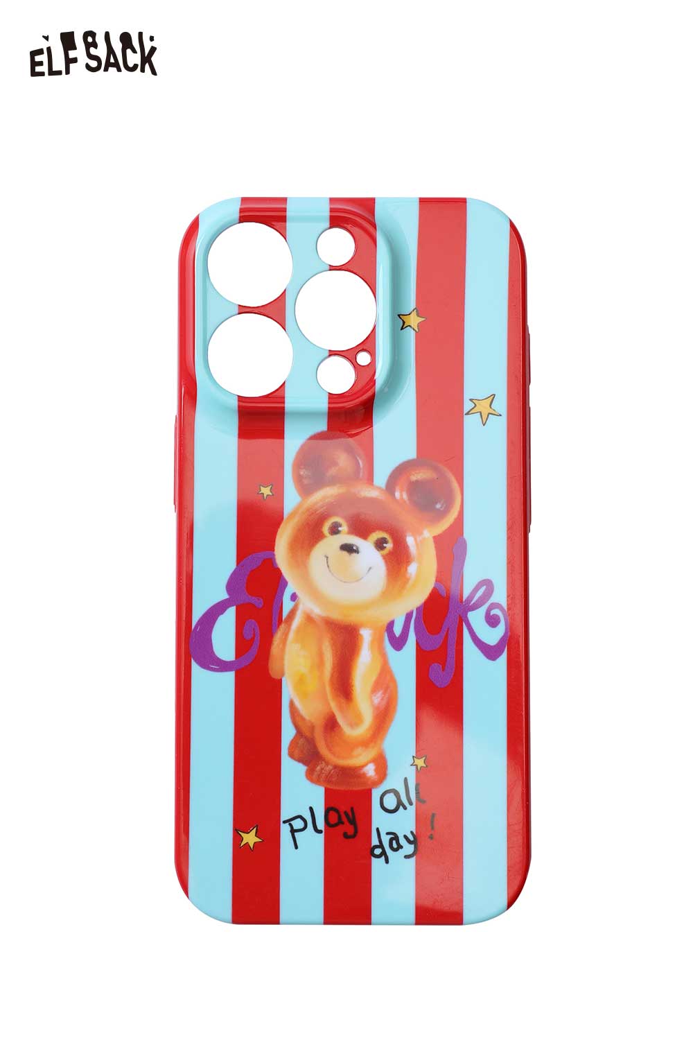 ELFSACK vibrant doodle print phone case featuring a playful bear design and colorful stripes