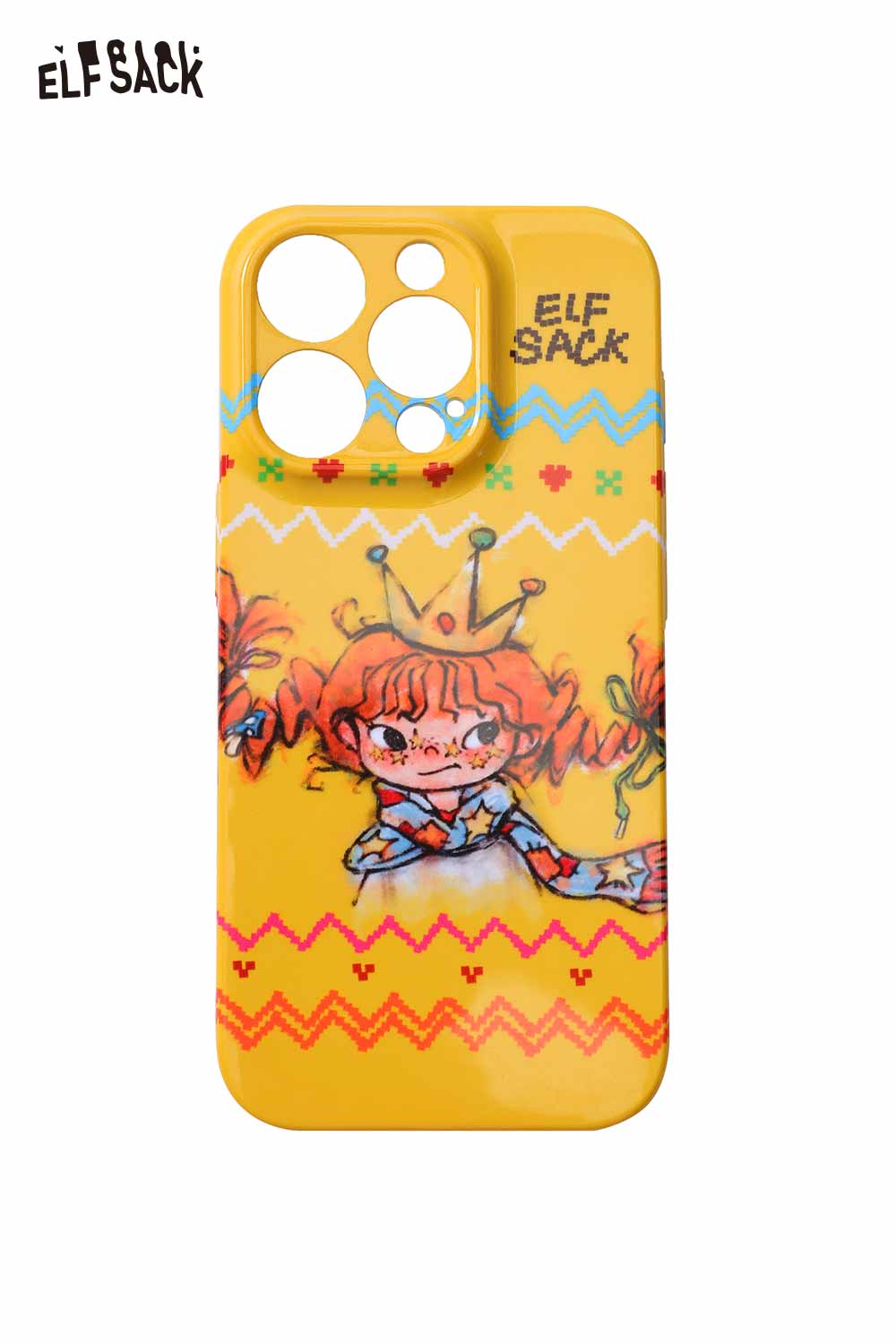 ELFSACK vibrant doodle print phone case featuring colorful characters on a yellow background
