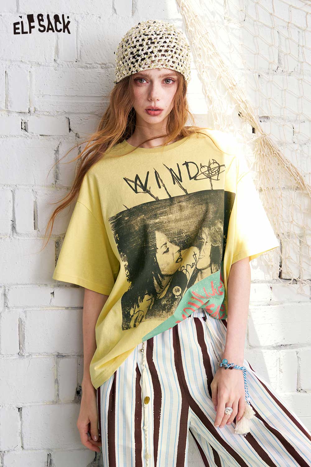 ELFSACK Vintage Band Print Oversized T-Shirt