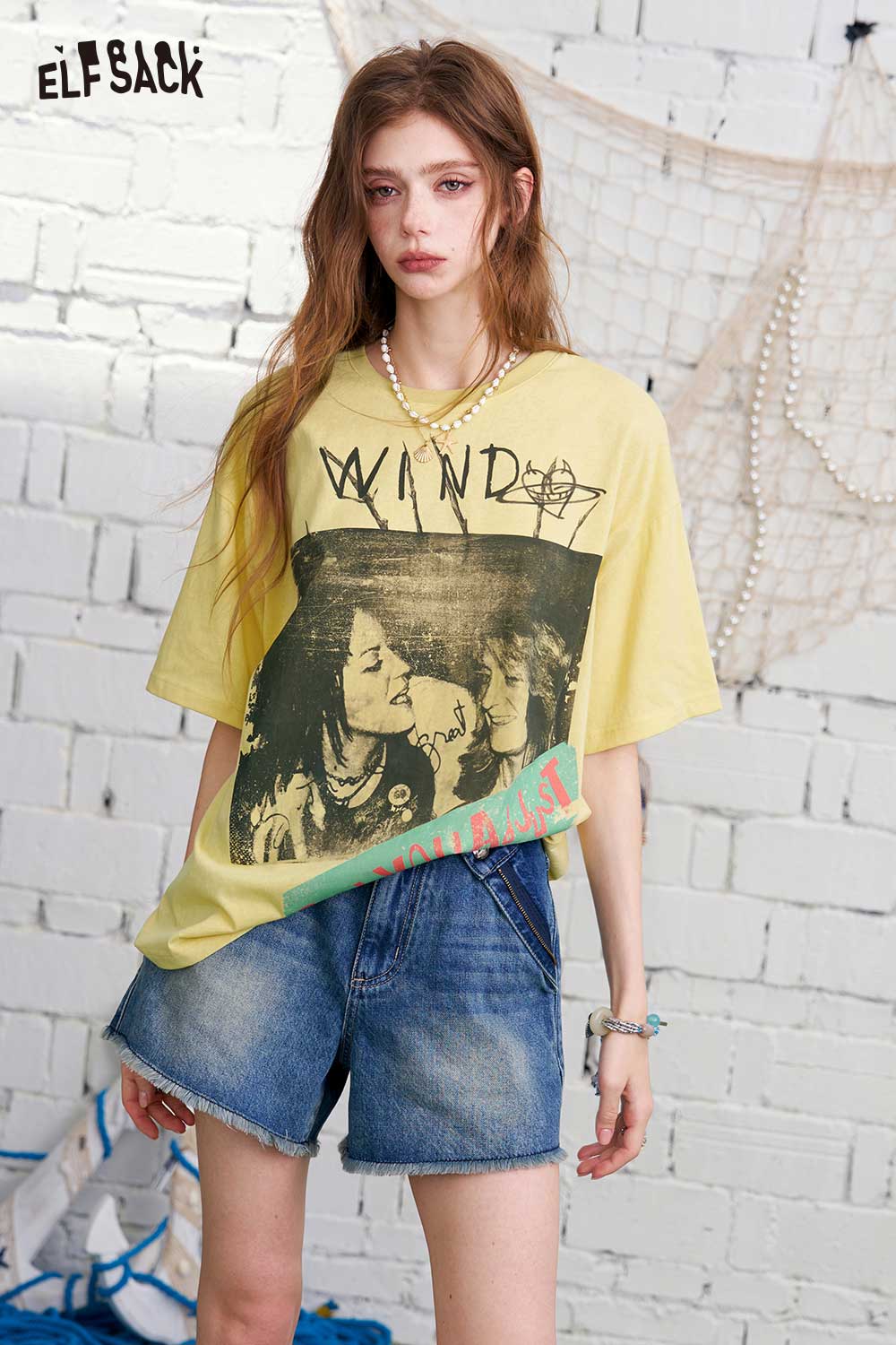 ELFSACK Vintage Band Print Oversized T-Shirt