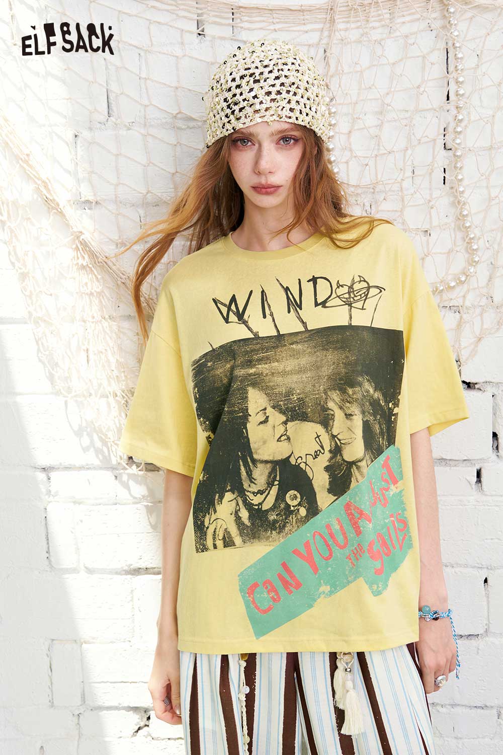ELFSACK Vintage Band Print Oversized T-Shirt