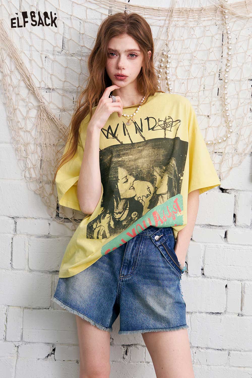 ELFSACK Vintage Band Print Oversized T-Shirt