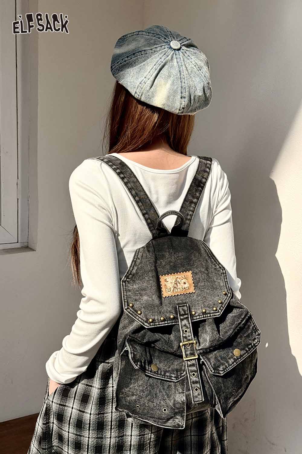 ELFSACK vintage black denim backpack with adjustable straps, perfect for casual outings