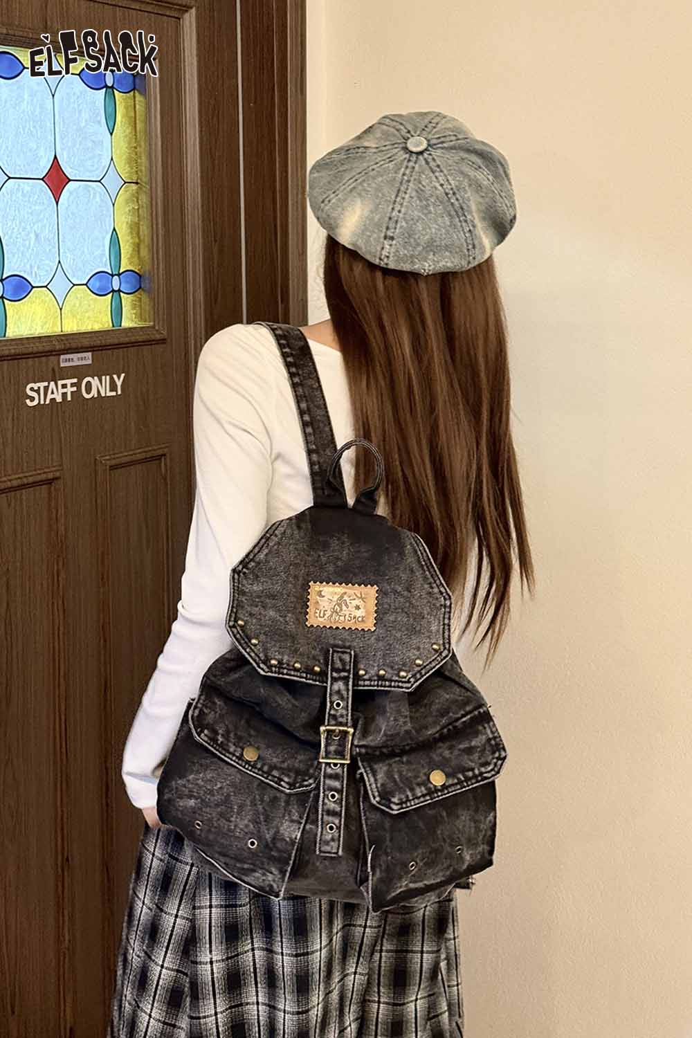ELFSACK vintage black denim backpack with adjustable straps and front pockets for casual style