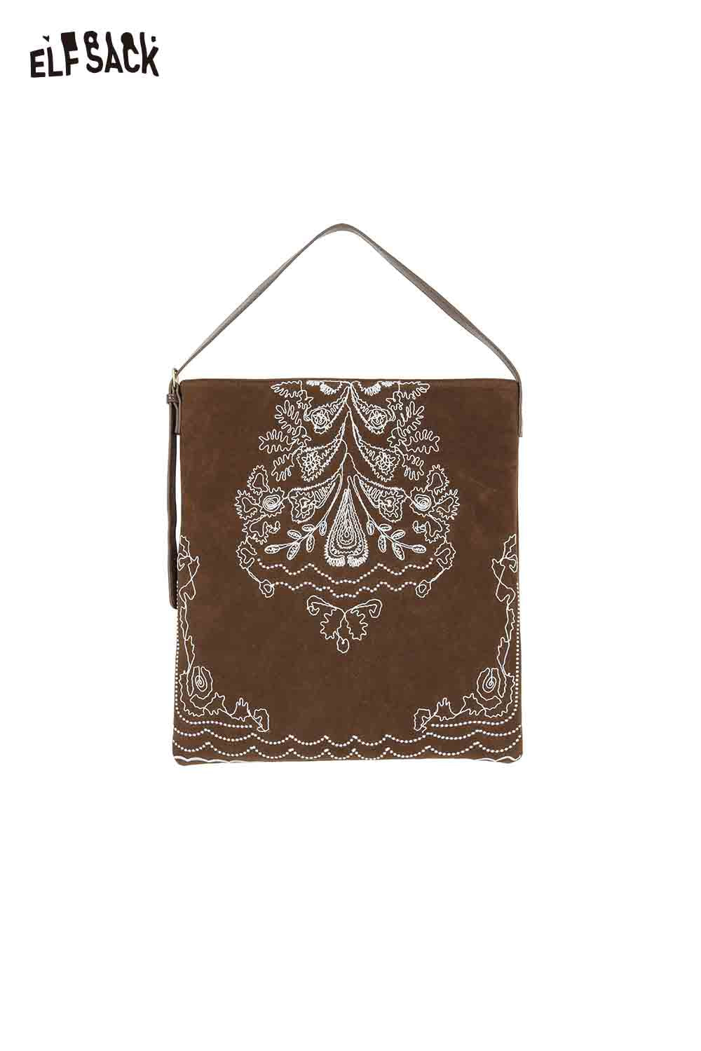 ELFSACK vintage bohemian tote bag in brown with intricate white embroidery design