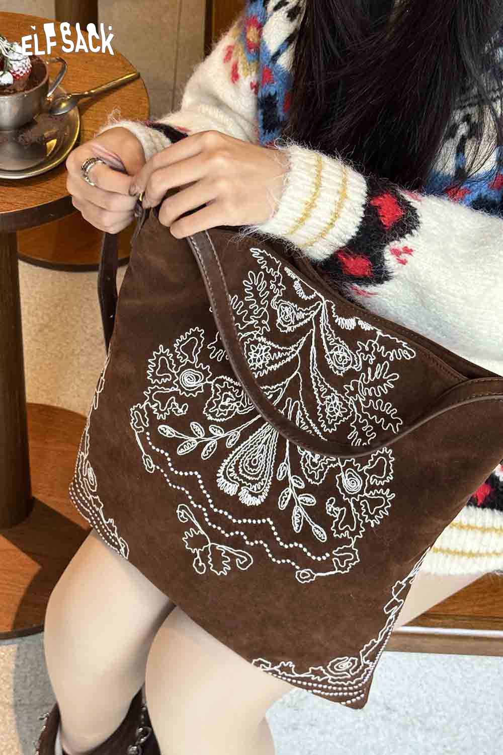 ELFSACK vintage bohemian tote bag in brown with intricate embroidery, perfect for casual outings