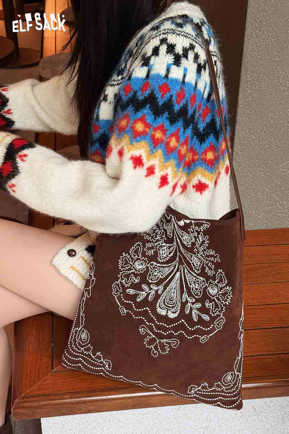 ELFSACK Vintage Bohemian Tote Bag in Brown with Intricate Embroidery and Comfortable Shoulder Strap