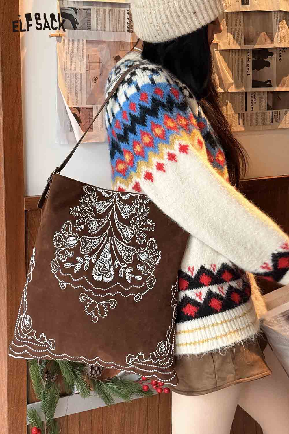 ELFSACK Vintage Bohemian Tote Bag in Brown with Intricate Embroidery and Stylish Design